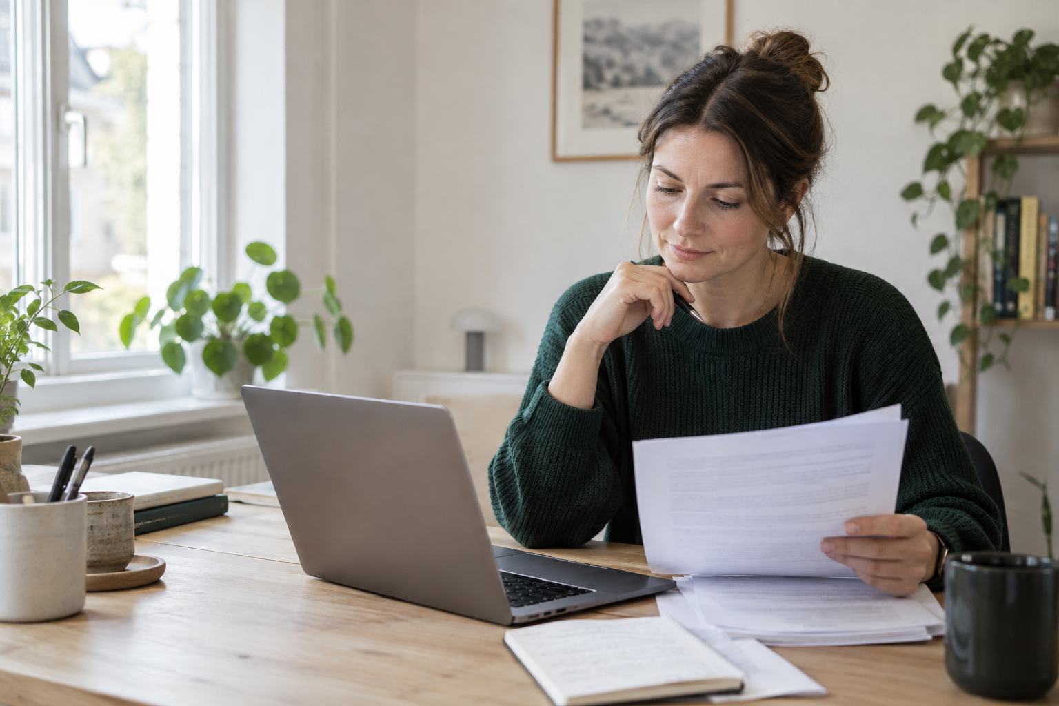 A person comparing an employment contract with information on a computer